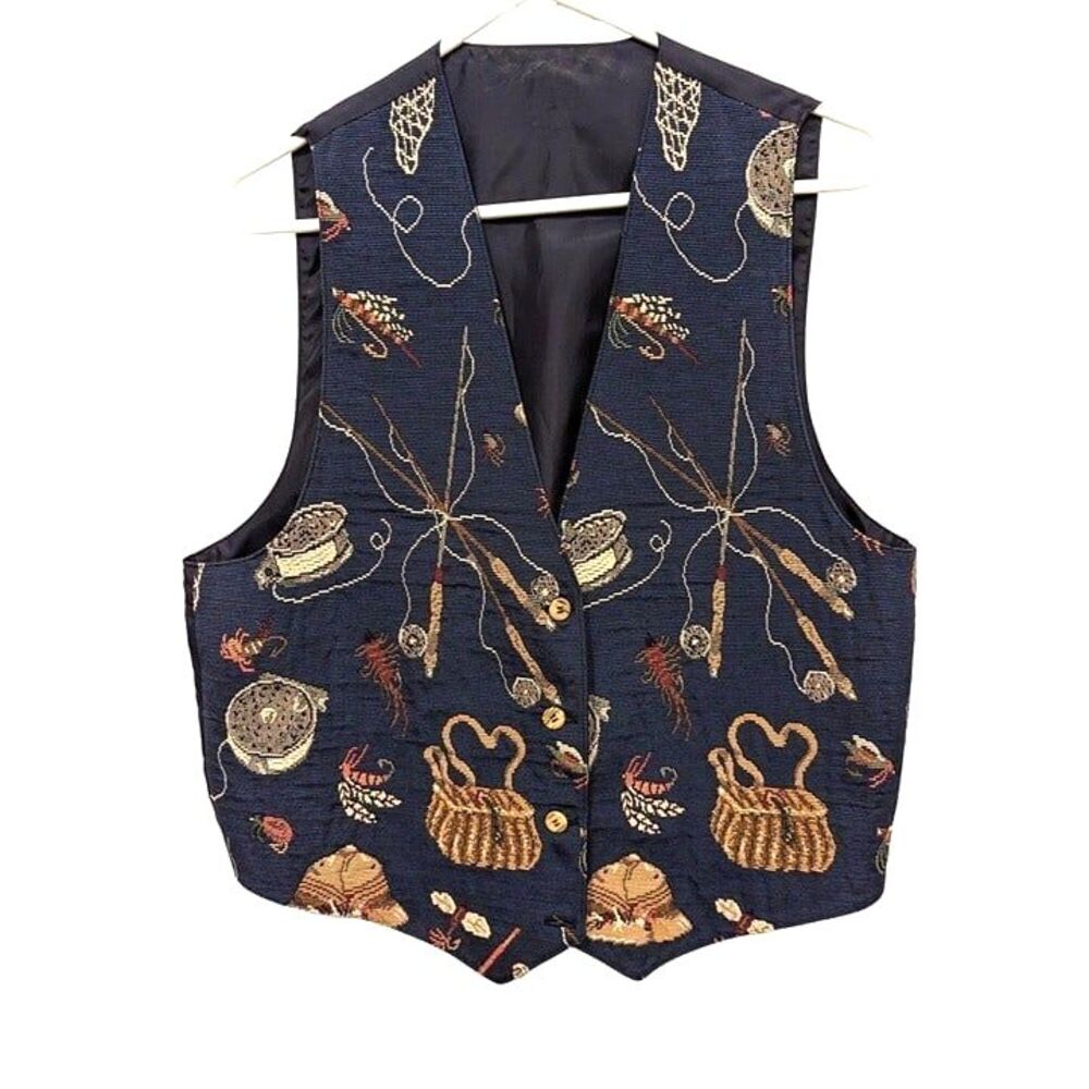 Fly Fishing Design Vest Size M Featuring Rod Reels Creel Basket Lures Black